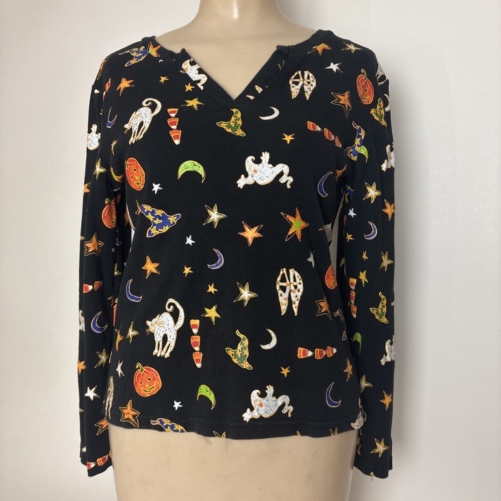 Onque Casuals Shirt Halloween Ghosts Cats Black All over print Top Size M